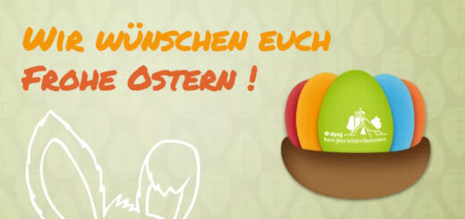 Ostergruß "Wir wünschen euch frohe Ostern" mit Körbchen mit bunten Eiern und Hasenohren